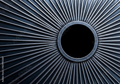 Abstract radial metal design featuring a central circular element creating a modern textured background