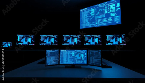 Canvastavla Modern security operations center with multiple glowing blue screens displaying