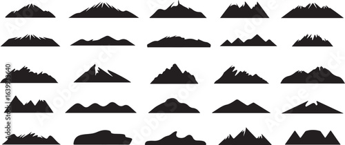 Collection of diverse mountain range silhouettes in various shapes and sizes against a clean white background
