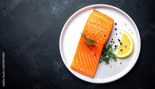 Raw salmon fillet on plate