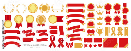 王冠・メダル・リボン飾り・リース、勲章などのアワード・表彰用飾り付けアイコンセット ベクターイラスト