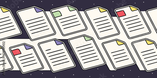 Vector art of pixel art illustration of multiple documents with colorful tabs, symbolizing organization and paperwork