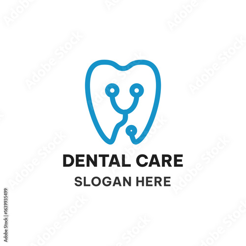 Dental care logo concept in simple line. Smiling tooth and stethoscope vector illustration. Healthcare icon