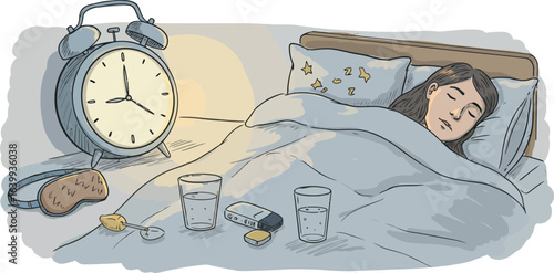 Hand-drawn cozy bedtime scene: sleeping woman with alarm clock and night essentials