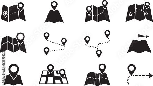 Collection of black map and location pointer icons on a white background navigation