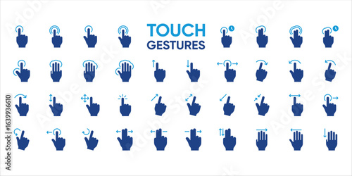 Multitouch gesture icons collection set including taps, swipes, drags, zoom, and rotate. Ideal for UI/UX design, mobile app guides, touchscreen interfaces, and interactive instructions.