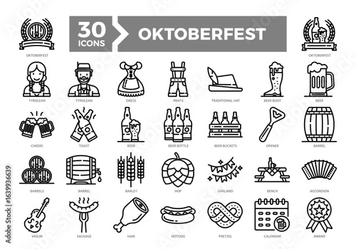 Oktoberfest icons collection set featuring beer, traditional outfits, instruments, and German food. Perfect for event posters, menus, and celebration-themed designs.