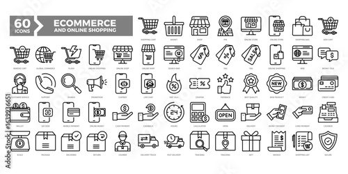 eCommerce and Online Shopping icons collection set featuring carts, payments, delivery, sales, and support. Perfect for online stores, apps, UX/UI, and marketing materials.