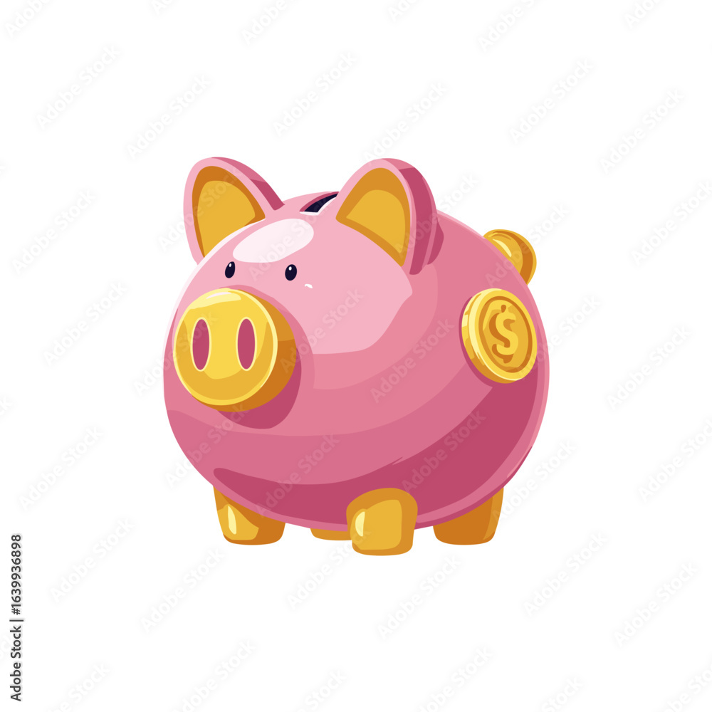 Fototapeta premium Cute pink piggy bank with a coin slot and shiny yellow details sits on a plain white background, symbolizing savings and financial education