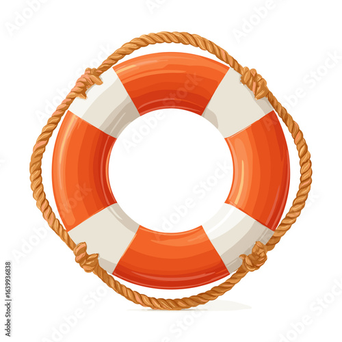 Colorful lifebuoy with rope hanging, suitable for maritime safety and rescue applications near water environments