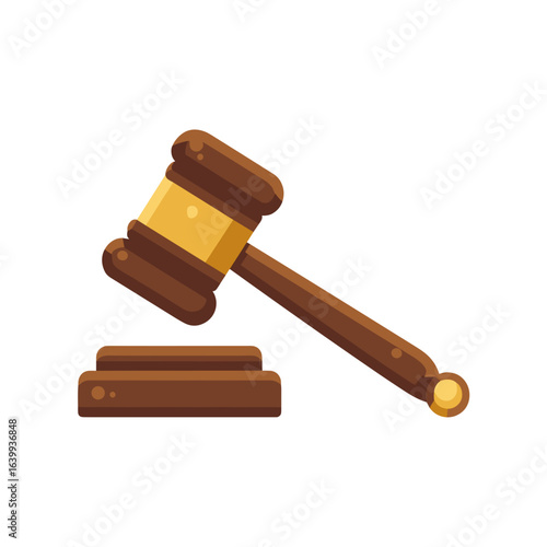 Symbol of justice displayed as a wooden gavel resting on its block representing law and order in a courtroom setting