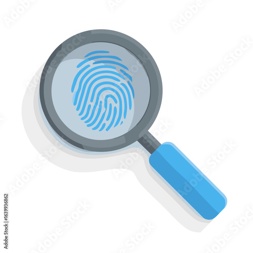 Fingerprint magnifying glass showing a unique fingerprint for forensic analysis and identification in a modern context