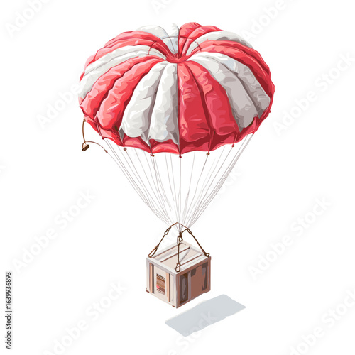 Bright red and white parachute descending with a wooden crate on a sunny day amidst clear skies