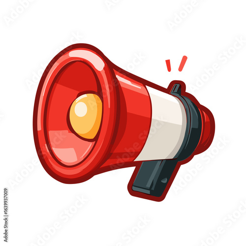 Bright red megaphone amplifying sound in a lively environment, perfect for announcements and gatherings during daytime events