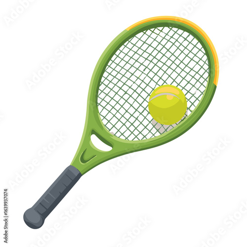 Bright green tennis racket with yellow ball ready for play, highlighting the equipment's vibrant colors