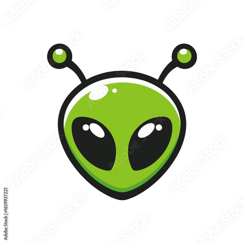 Cute green alien character with large black eyes and rounded antennas in a simple design