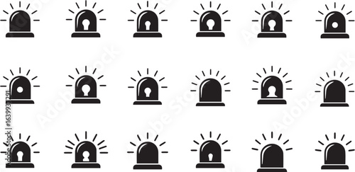 Fifteen Black Silhouette Siren Lights With Radial Light Beams alarm alert