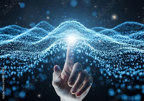 A finger touches a glowing point on a digital landscape representing future technology and innovation with a network connection