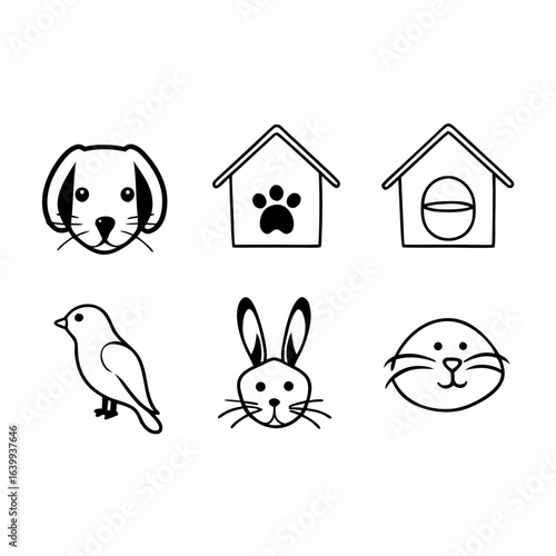 Hand drawn pets and animal houses isolated on white background for pet care and adoption