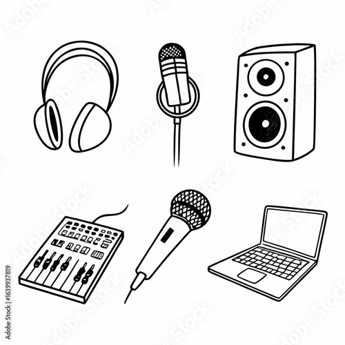 Audio equipment isolated on white background with headphones, microphone, speaker, mixer, and laptop for sound recording
