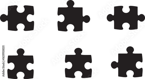 Six black puzzle pieces arranged in two rows on a white background jigsaw connection