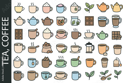 Tea, Coffee & Hot Chocolate Color Icon Set. Cafe & Hot Beverage Symbols.