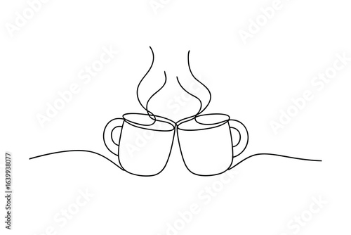 Two steaming mugs clinking together in minimalist continuous line art coffee drink