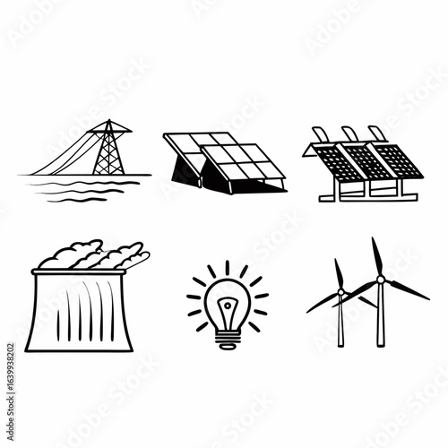 Illustration of various sources of energy, including solar panels, wind turbines, and nuclear plant isolated on white background