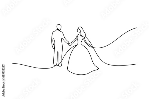 Minimalist continuous line drawing a bride groom holding hands wedding couple