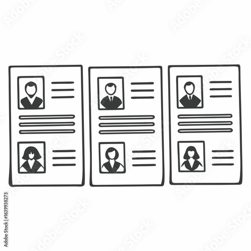 Illustration of resumes with different genders, representing job applications, candidate selection isolated on white background