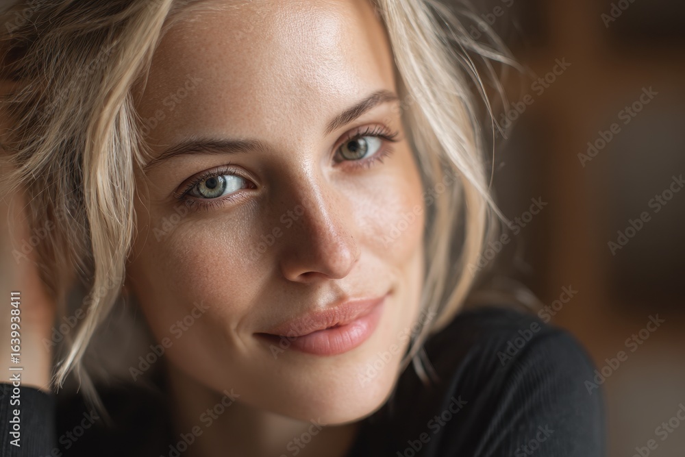 Illustration of a smiling blonde woman in her 30s with green eyes no makeup and a blurred room background Illustration of a smiling blonde woman in her 30s with green eyes no makeup and a blurred room background