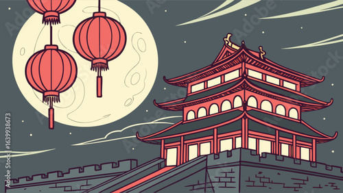 Explore ancient china great wall landscape with lanterns and full moon travel destination vector illustration