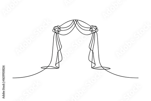Minimalist continuous line drawing a wedding arch with draped fabric roses ceremony
