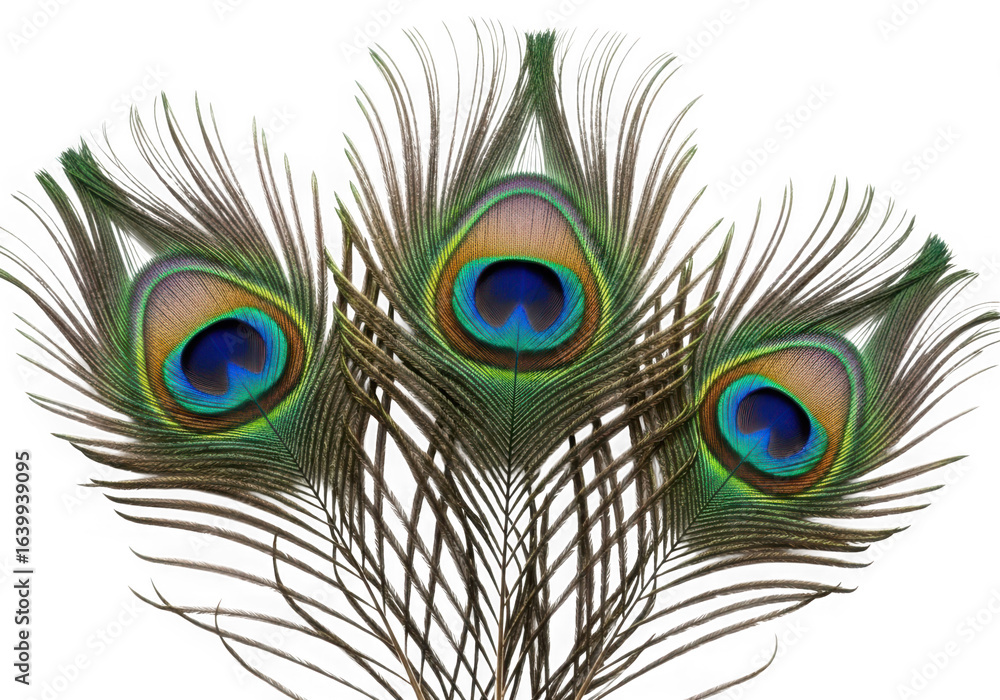 Obraz premium Three iridescent peacock feathers with distinctive eye patterns isolated on transparent background