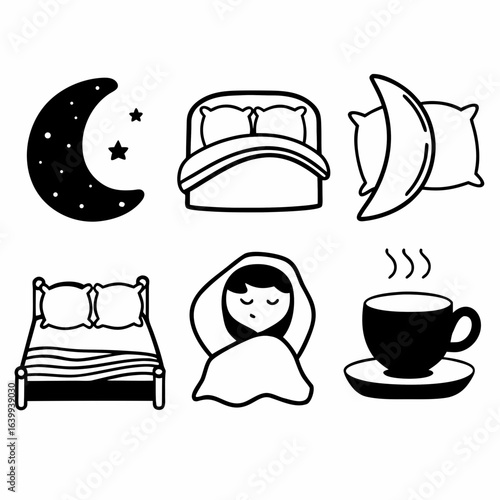 Collection of sleep related doodles including moon, bed, pillow, coffee, and person isolated on white background