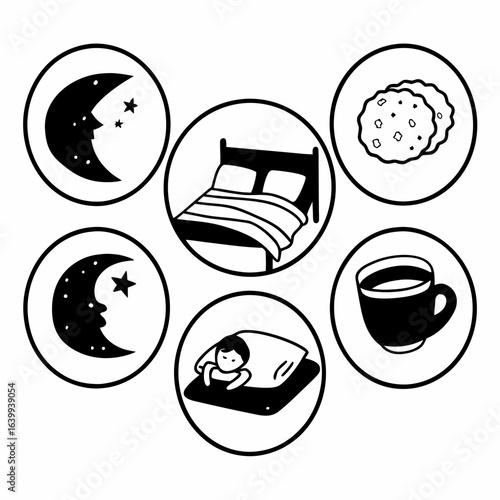 Illustration of bedtime routine icons including moon, bed, cookies, and a cup isolated on white background