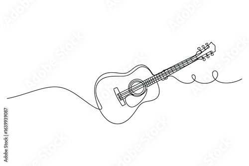 Minimalist Continuous Line Drawing of Upright Acoustic Guitar, One Line Music Art Illustration