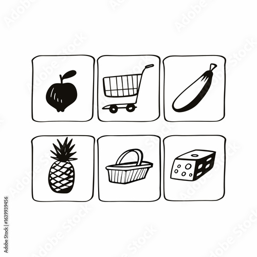 Hand drawn grocery store icons representing fresh produce, dairy, and shopping isolated on white background