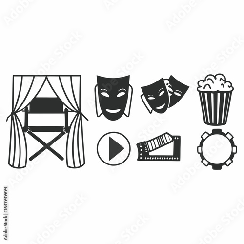 Black and white outline drawing of movie and theater elements including masks, popcorn, and directors chair