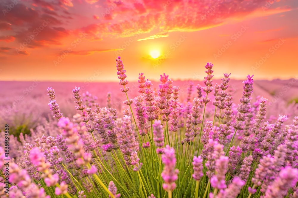 Naklejka premium Vibrant lavender field at sunset with a golden sun and colorful clouds, creating a serene and beautiful natural landscape