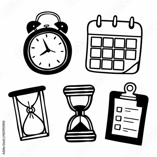Hand drawn time management icons including clock, alarm, hourglass, calendar and to do list isolated on white background