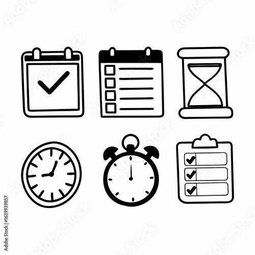 Hand drawn time management icons including clock, alarm, hourglass, calendar and to do list isolated on white background