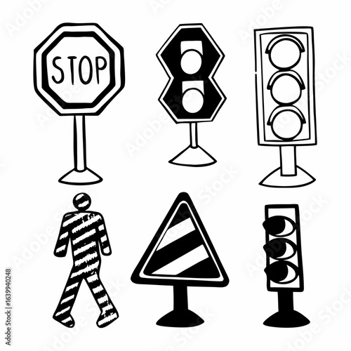Hand drawn traffic signs isolated on white background, including stop, pedestrian crossing, and traffic light