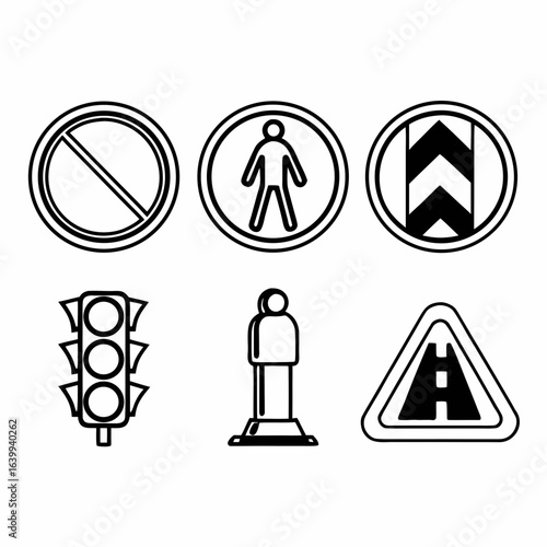 Hand drawn traffic signs isolated on white background, including pedestrian crossing, traffic light, and road signs