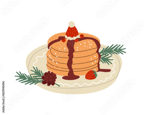 Delicious Christmas pancakes with cream and berries. Dessert for Xmas sweet breakfast. Winter holiday food. New Year food. Flat vector illustration isolated on white background