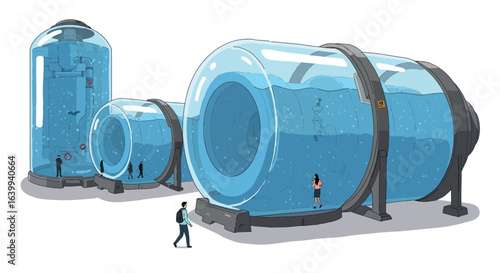 Futuristic aquatic life tanks: giant glass structures with people observing marine environments