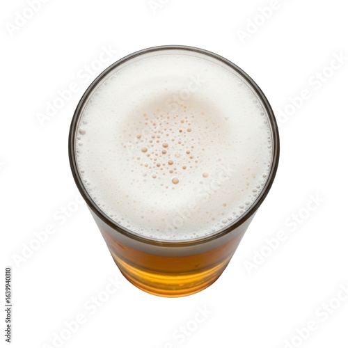 A full pint glass of golden amber lager with thick white foam head and intricate lacing, against a clean transparent background with bright studio lighting, top-down view. Concept for beverage