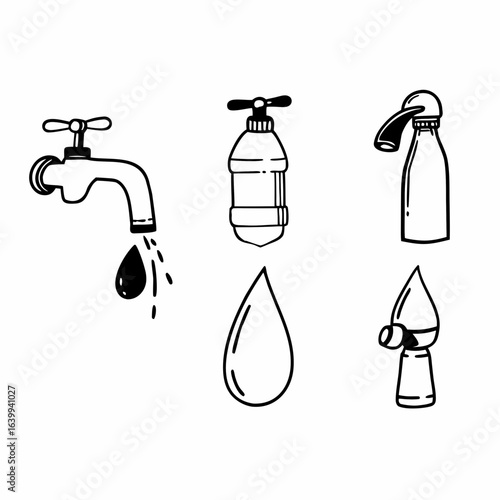 Illustration of various water taps and bottles isolated on white background in vector format