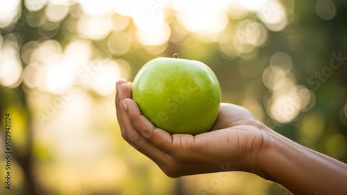 Green apple presented in hand fresh food nutrition and healthy eating concept