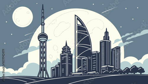Shanghai skyline vector illustration oriental pearl tower city buildings at night cityscape background design